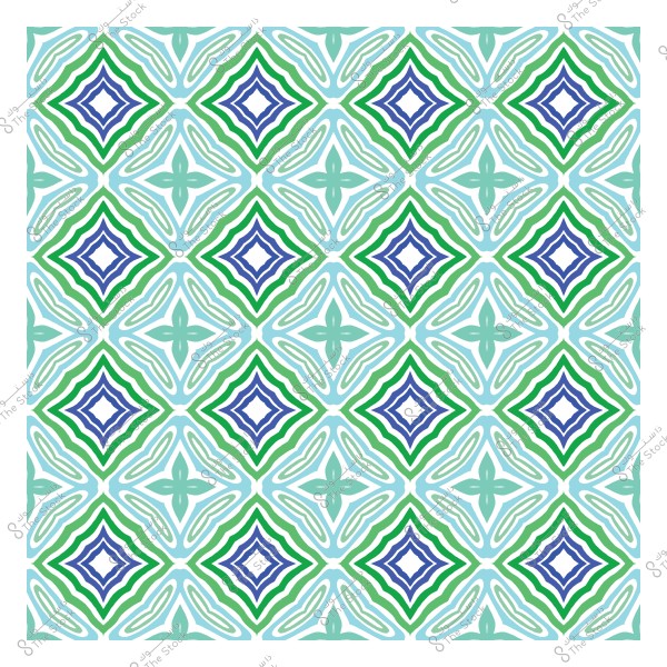 Geometric pattern consisting of diamond shapes in blue and green colors, arranged repetitively on a white background.