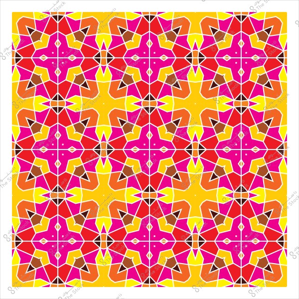 نمط هندسي إسلامي بالألوان الزاهية: الوردي, البرتقالي, والأصفر, مع تصميم متكرر يشبه النجمة.