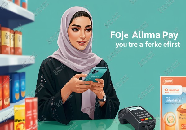 Image of a woman wearing a grey hijab and a black abaya with decorative patterns. She is sitting in a store using a blue smartphone. In front of her is an electronic payment terminal. Various products are visible on the shelf nearby. In the background, there is a light blue panel with unclear text.