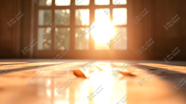 Bright sunlight streaming through a large glass window into the room, casting warm and beautiful rays onto the floor. There is a leaf on the floor, adding to the natural and tranquil atmosphere of the image.