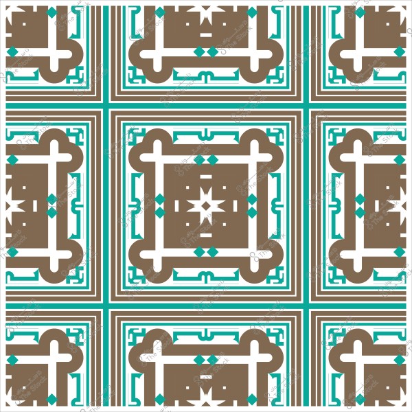 Geometric decorative pattern in brown and turquoise, repeated symmetrically.