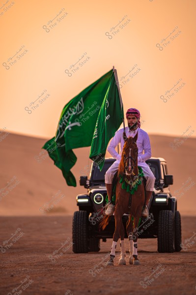 Man on horse with Saudi Flag leading to future