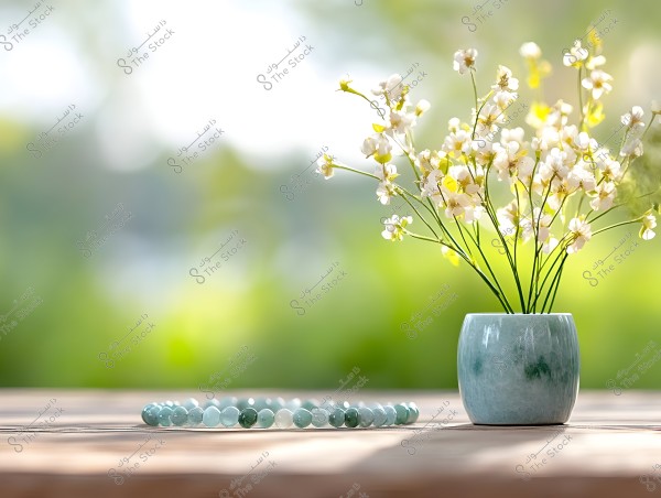 Image depicting a serene scene on a wooden table with a small green vase holding a bouquet of delicate white flowers. Next to the vase is a light green beaded bracelet. The background is blurred with natural shades of green and brown, giving a sense of calm and nature.