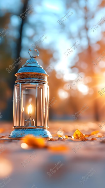 A decorative metal lantern stands on the ground in an outdoor setting, surrounded by scattered autumn leaves. The sun illuminates the background, giving a golden glow. The scene conveys a sense of autumn and tranquility.