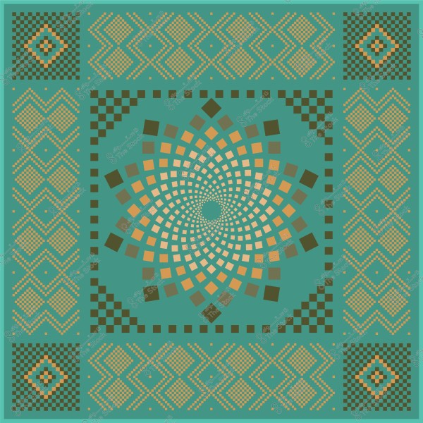 A geometric design featuring an interlocking pattern composed of small yellow and brown squares arranged radially on a light blue background. The design is bordered by additional intersecting patterns along the edges, giving a sophisticated and symmetrical appearance.