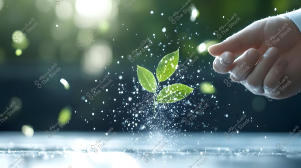 The image shows a hand reaching towards a small sprout growing in mid-air, surrounded by shimmering water droplets. The blurred background filled with glowing lights in a green environment highlights the sense of growth and life.