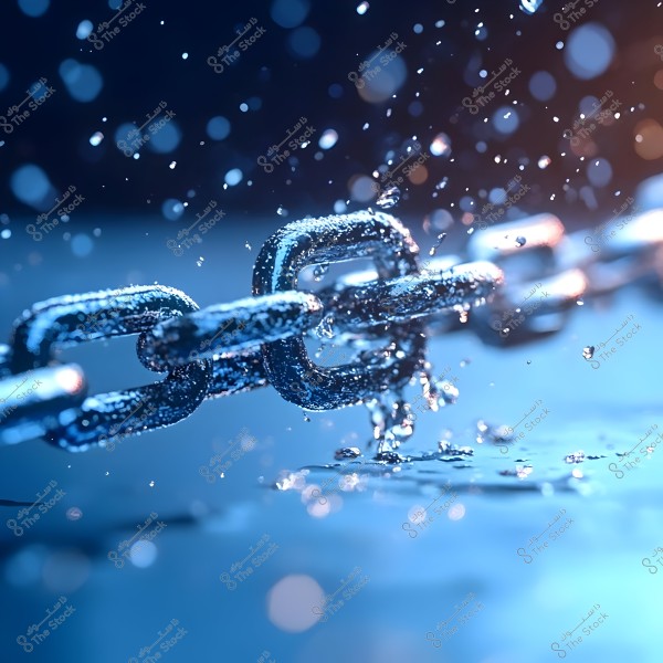 Image of a metallic chain wet with water centered on a glossy blue surface. Water is dripping from the chain, highlighting the metallic details and light reflections on the wet surface.