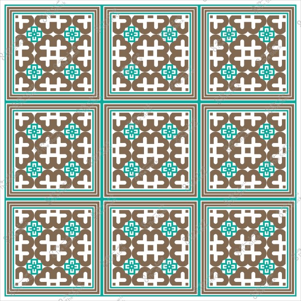 Islamic geometric design featuring a repeated decorative pattern in brown, white, and blue colors within repeating squares.