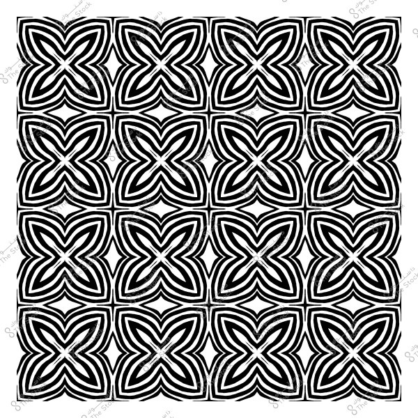 A black and white decorative pattern featuring interlocking floral-like designs within repeating squares.