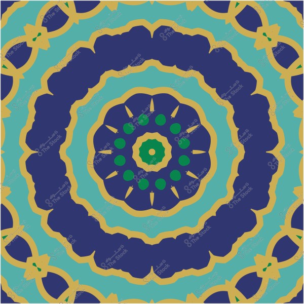 تصميم هندسي متعدد الألوان بنمط دائري متماثل يحتوي على ألوان الأزرق والأصفر والأخضر.