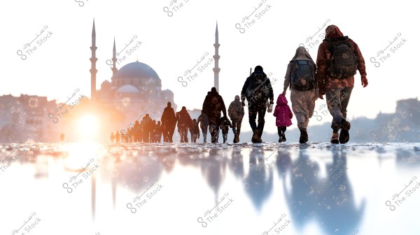 The image shows a group of people walking towards a mosque with a blue dome and prominent minarets at sunset. Many of the individuals are wearing heavy coats and backpacks, with one holding the hand of a small child in a pink coat. There is a reflection of the scene in the water in the foreground, adding a dramatic effect.
