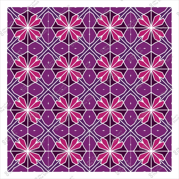 نمط هندسي متماثل يتكون من أشكال زهرية باللونين الوردي والبنفسجي الداكن. تتميز الأنماط بتكرار وحدات هندسية متناظرة تشبه الأزهار, مع خطوط بيضاء تفصل بين الأجزاء المختلفة, وتظهر بتناسق في توزيعها ضمن إطار مربع.

-