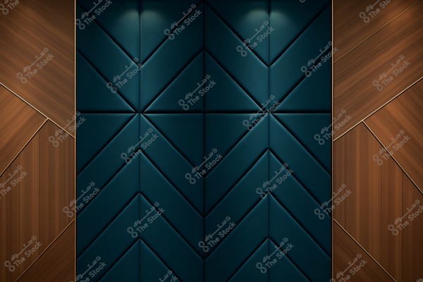 An image showcasing a modern wall design with geometric details. The central part of the wall features a zigzag pattern made from soft materials in a dark blue color, with soft lighting from above. The sides are adorned with wooden panels in a slanted pattern, adding a touch of elegance and simplicity. Thin golden details separate the wooden panels.