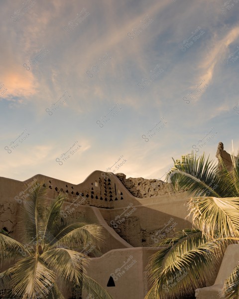 The image shows a traditional mud building with a distinctive architectural design, featuring triangular and rectangular shapes. In the foreground, there are palm trees with large green leaves. The sky in the background has light clouds and soft twilight colors.