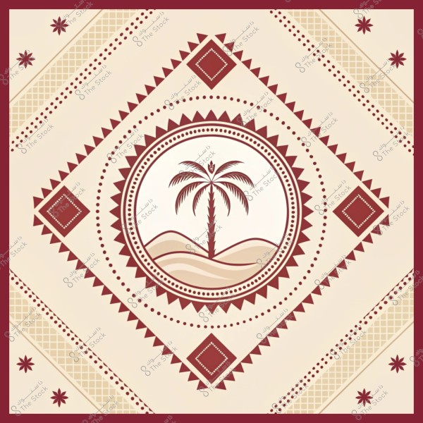 تصميم زخرفي يحتوي على نخلة وجبال داخل دائرة مركزية, محاطة بأنماط هندسية متناظرة باللونين البيج والأحمر الداكن. الزخارف تشمل مثلثات ونقاط وأشكال معينية تكرارية, مما يضيف عنصرًا تراثيًا ودافئًا للتصميم.