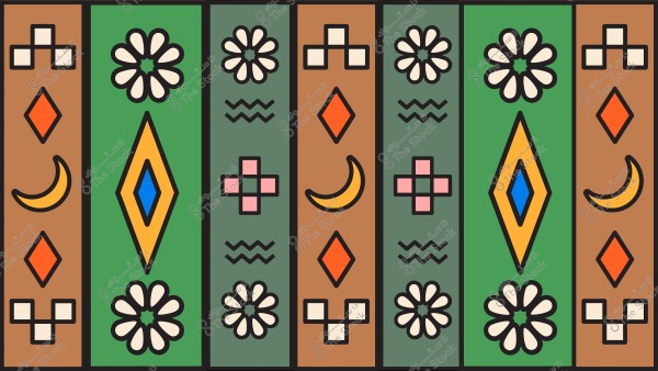 لوحة فنية تقليدية تحتوي على أنماط هندسية مكررة, تشمل دوائر مثلثة الزوايا باللون الأبيض, وأهلة باللون الأصفر, ومعينات باللون البرتقالي والأزرق, وتقاطع خطوط باللون الوردي. الخلفية تحتوي على خطوط رأسية بألوان خضراء وبنية, تضفي إحساساً بالزخرفة التقليدية.