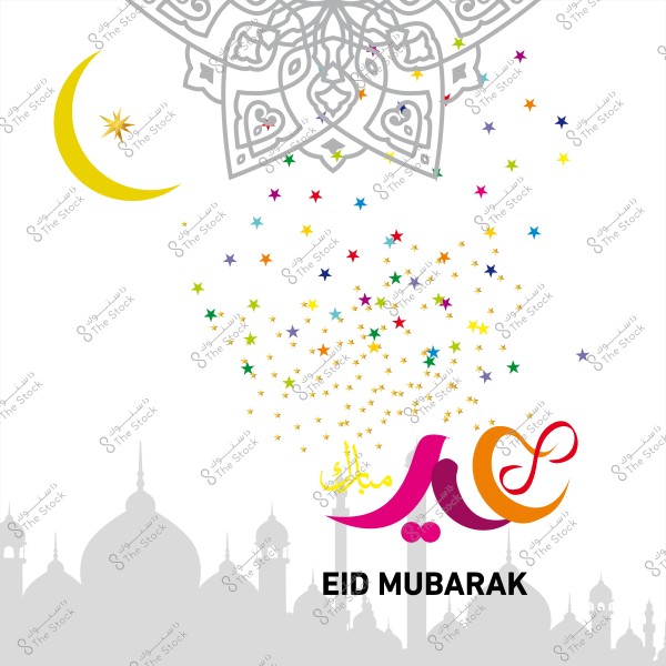 تصميم تهنئة بعيد الأضحى المبارك يحتوي على هلال ونجوم ملونة ونمط زخرفي في الأعلى, مع عبارة "عيد مبارك" باللغتين العربية والإنجليزية.