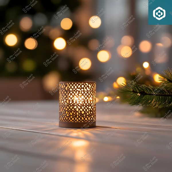 A lit candle inside a decorative holder on a wooden surface. The background is blurred with soft lights and tree branches, adding a warm and peaceful ambiance.