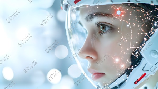A side profile of a person\'s face wearing a white space helmet equipped with small glowing lights resembling a neural network. The background is blurred with blue hues and bright circles. The helmet has a modern, technologically advanced design with red accents.