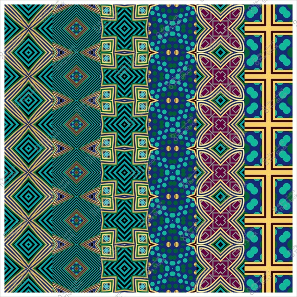 صورة تحتوي على خمسة أنماط هندسية ملونة, تتنوع بين الأشكال المربعة والمعينة والنقاط والخطوط المتشابكة, بألوان زاهية تشمل الأزرق والأصفر والأخضر والبني.