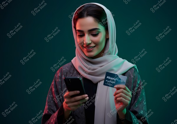 A portrait of a woman wearing a light-colored hijab and a patterned abaya, holding a mobile phone in one hand and a payment card in the other. The background is dark, with lighting focused on her smiling face.