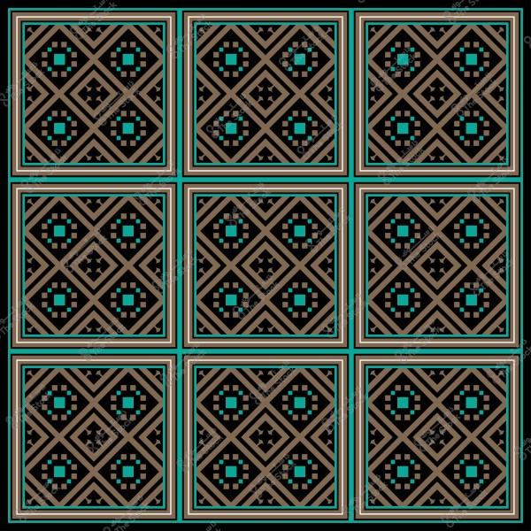 Geometric decorative pattern consisting of nine repeating tiles in brown, black, and light blue colors.