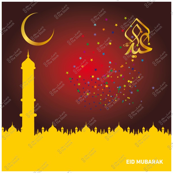 تصميم بطاقة تهنئة بعيد مبارك مع خلفية بالألوان الداكنة وهلال ذهبي ومئذنة بلون أصفر وكلمة \"عيد\" بخط عربي محاطة بنجوم ملونة.