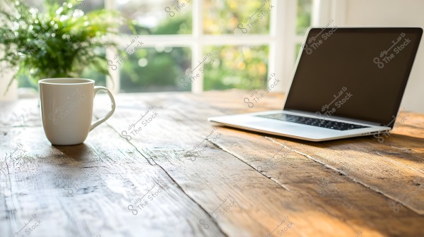 An image of a brown wooden table with a laptop and a white mug placed on it. In the background, there are green plants, and natural light coming from the window gives the scene a peaceful and warm ambiance.