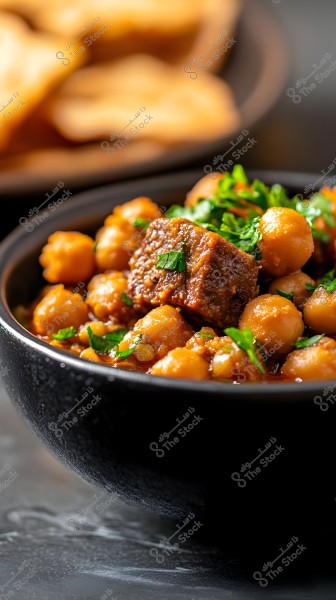 An image depicting a black bowl filled with a dish of cooked chickpeas, pieces of meat in a tomato-based sauce, garnished with fresh parsley leaves. In the background, there are pieces of bread placed slightly out of focus on a plate.