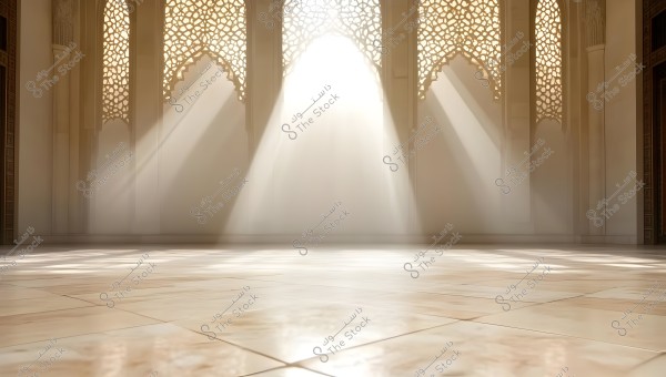 A view of a mosque\'s interior hall featuring Islamic decorative architecture. Light streams through large ornate windows, forming traditional geometric patterns, creating a spiritual ambiance. The shiny marble floor beautifully reflects the light.