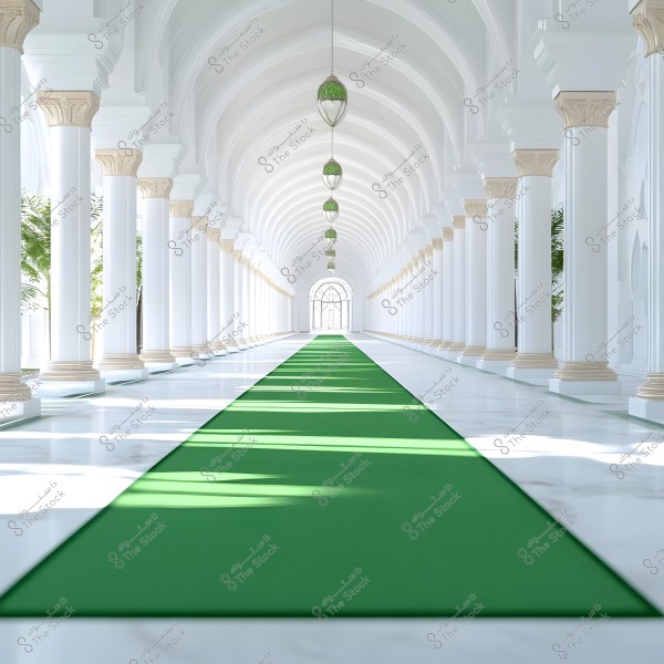 A long indoor corridor in a building with Islamic design. The corridor features white columns with decorative gold capitals and a white marble floor. A long green carpet runs down the center, with hanging lamps featuring green glass above it. Sunlight filters in through the arches and windows.