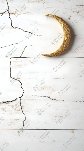 Image of an old wooden wall panel with visible cracks on the surface, adorned with a golden crescent placed on the right side of the image. The overall appearance conveys a sense of antiquity and abstract art.