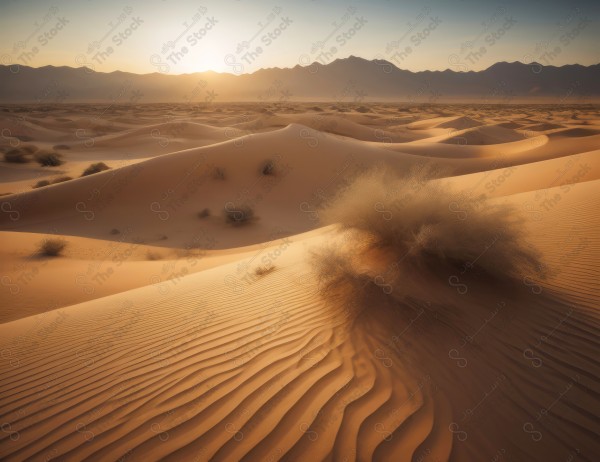 لقطة للكثبان الرملية الذهبية في الصحراء السعودية وتظهر السماء صافية  نهارًا ، الربع الخالي ، مناطق صحراوية، مصممة بواسطة الذكاء الاصطناعي