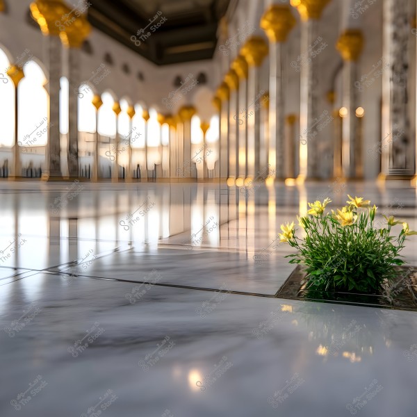 An interior view of a large mosque, showcasing the golden light reflection on the intricately designed marble columns arranged symmetrically. In the foreground, there is a cluster of yellow flowers growing from a slab of shiny marble. The interior design suggests Islamic aesthetics and architectural grandeur.
