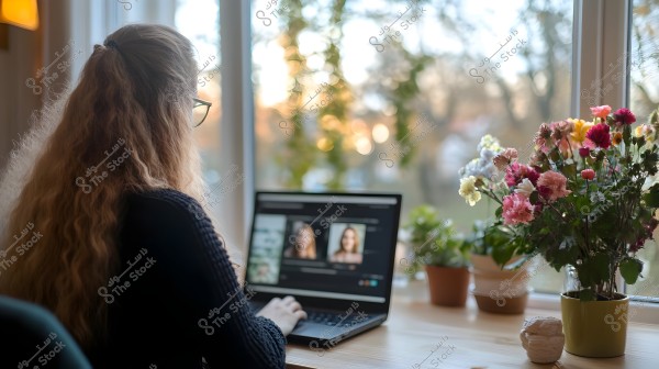 A woman seated by a window, working on a laptop computer positioned on a wooden desk. She is wearing glasses and has long, wavy hair. The outside view displays trees and greenery in a blurred manner. There are also an assortment of colorful flowers in pots on the windowsill, adding vibrancy to the scene.