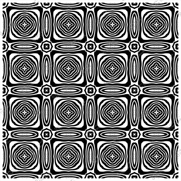 Black and white repeating pattern consisting of geometric square shapes with a symmetrical design.