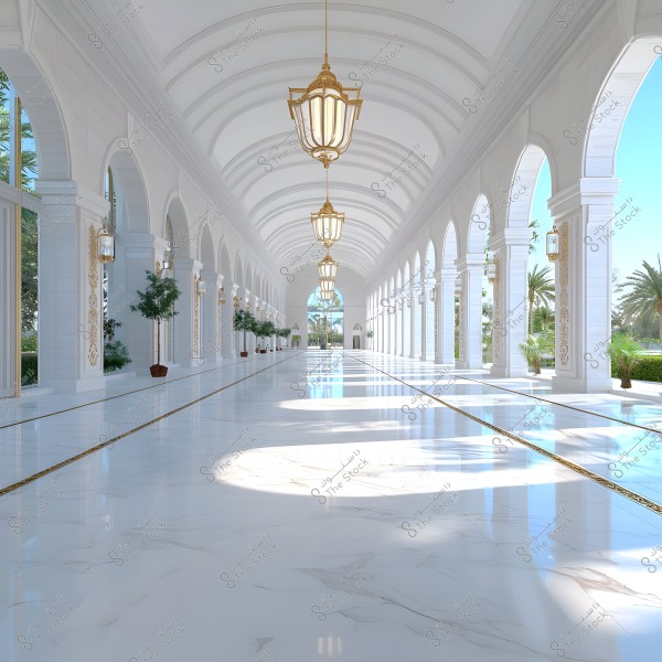 A long, wide corridor with a glossy white marble floor and an arched ceiling. White columns and arches, adorned with golden decorations, line the sides. Green potted plants are placed beside the columns. Large golden lamps hang from the ceiling. In the background, palm trees and a clear blue sky are visible.