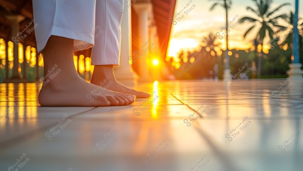 The image shows a person\'s bare feet standing on a shiny tiled floor during sunset. Palm trees are visible in the background, and the sunlight casts a warm glow on the floor.