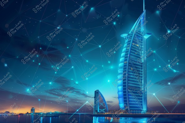 The iconic Burj Al Arab building illuminated in blue at night, with a sky filled with colorful dots and lines representing a modern technological network. The skyline is visible in the background with a sunset and a partial moon.