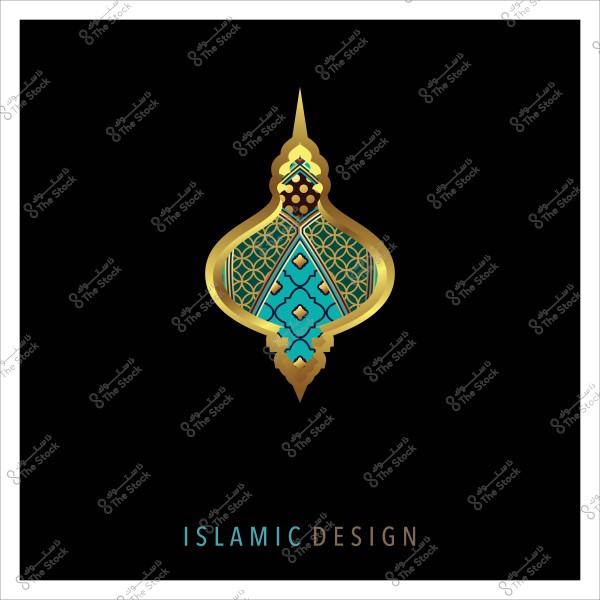 تصميم إسلامي بزخارف ذهبية وزرقاء على خلفية سوداء.