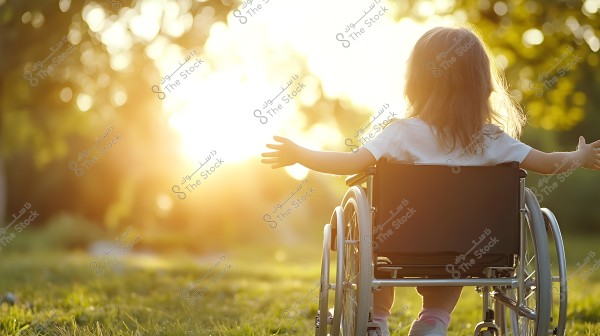 A child sitting in a wheelchair in the park, extending her arms towards the sunlight. The golden sunlight filters through the trees in the background, creating a sense of freedom and hope. The child is wearing a white shirt, surrounded by green nature.
