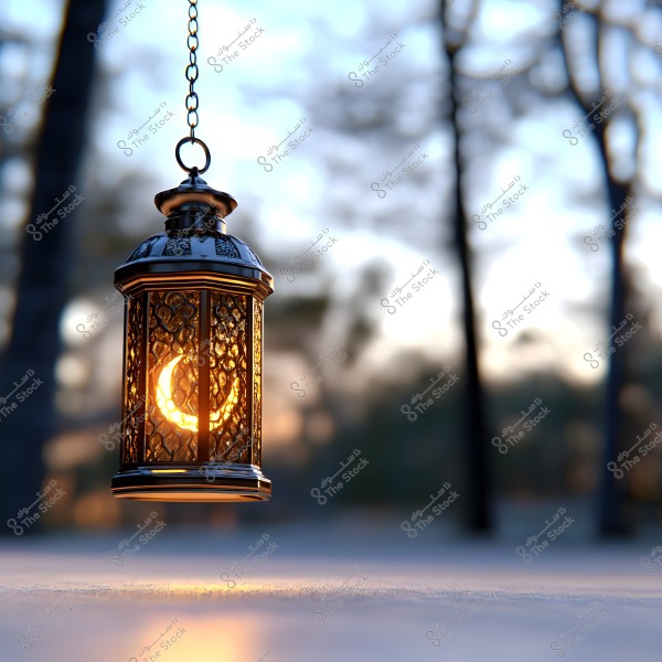 A intricately designed metal lantern hanging by a chain, with a moon-like light glowing inside. The lantern is set in an outdoor environment with blurred trees in the background, and the light gently spreads on the surface below it, creating a serene and warm atmosphere.