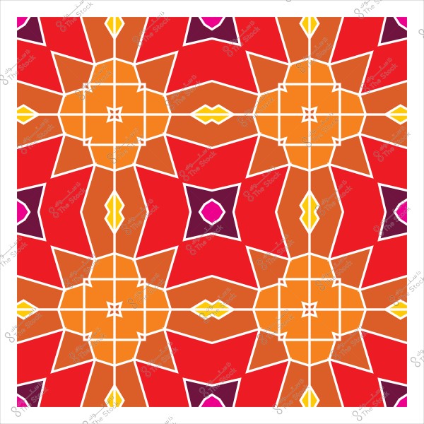 Colorful geometric pattern with ornaments on a red background, featuring star-shaped designs in orange, yellow, and purple.
