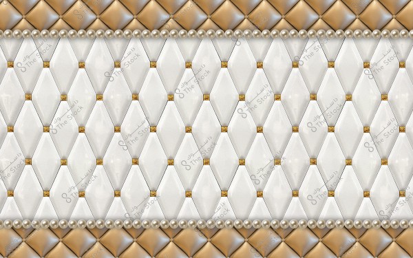 Decorative pattern featuring repeating white diamond shapes with golden details at the corners, bordered by a line of pearls at the top and bottom. The top and bottom sections display prominent quadrilateral shapes in brown and gold.