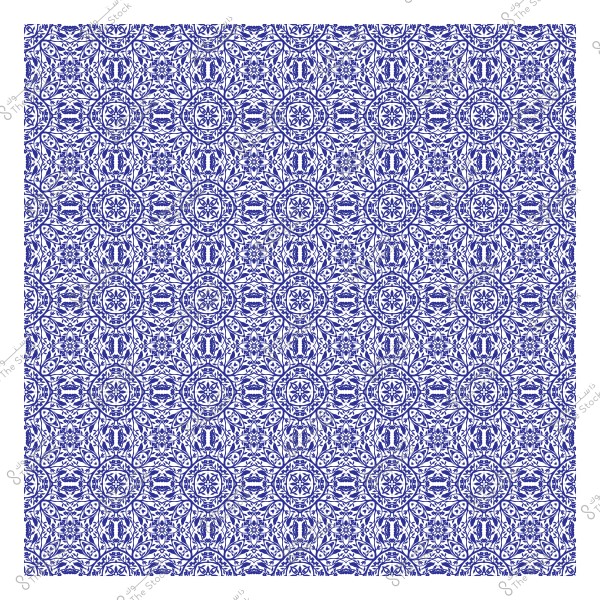 نمط زخرفي أزرق تقليدي يتميز بتصميمات هندسية وبوتيفات نباتية متكررة.