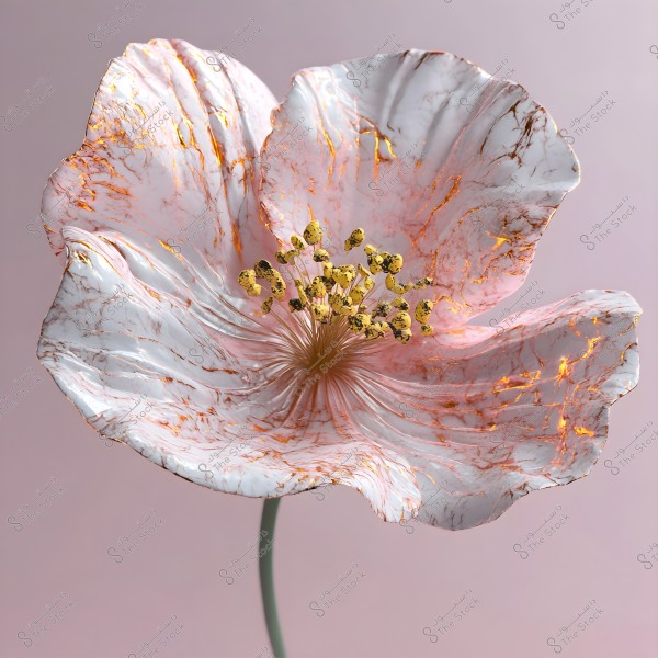 Image of a flower with large, overlapping petals in shades of pink and white, featuring shiny golden veins running through the petals. The flower has a prominent center with small yellow structures. The background is a soft pink color.