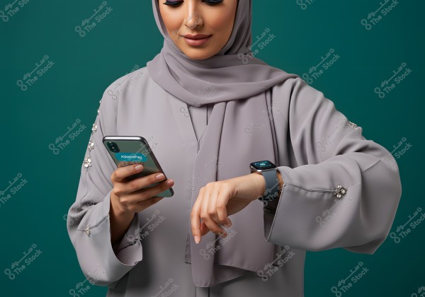 A photograph of a woman wearing a gray abaya decorated with buttons, pointing to a smartwatch on her left wrist while holding a smartphone in her right hand. The background is a dark green, suggesting the integration of technology with traditional clothing.