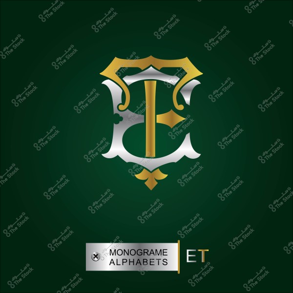 تصميم شعار يحتوي على حرفي E و T بتداخل زخرفي باللونين الذهبي والفضي على خلفية خضراء داكنة.