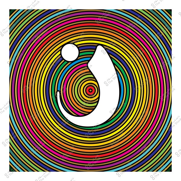 An artistic design featuring an Arabic letter in white amidst a pattern of multicolored concentric circles including red, yellow, blue, and green. The circles create a vibrant, energetic visual effect.