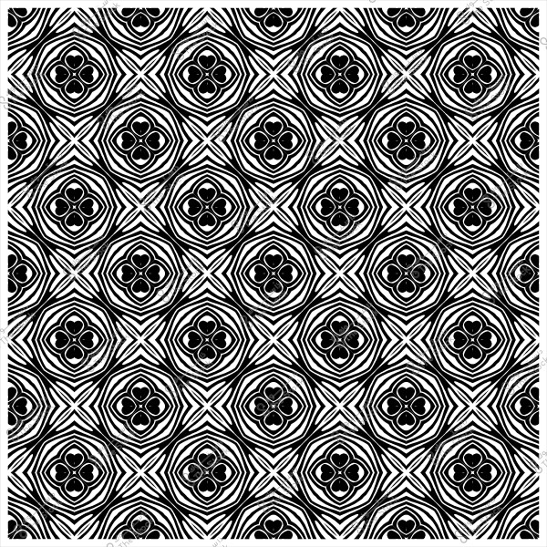 نمط هندسي بالأبيض والأسود بزخارف دائرية متكررة تحتوي على أشكال زهرية.